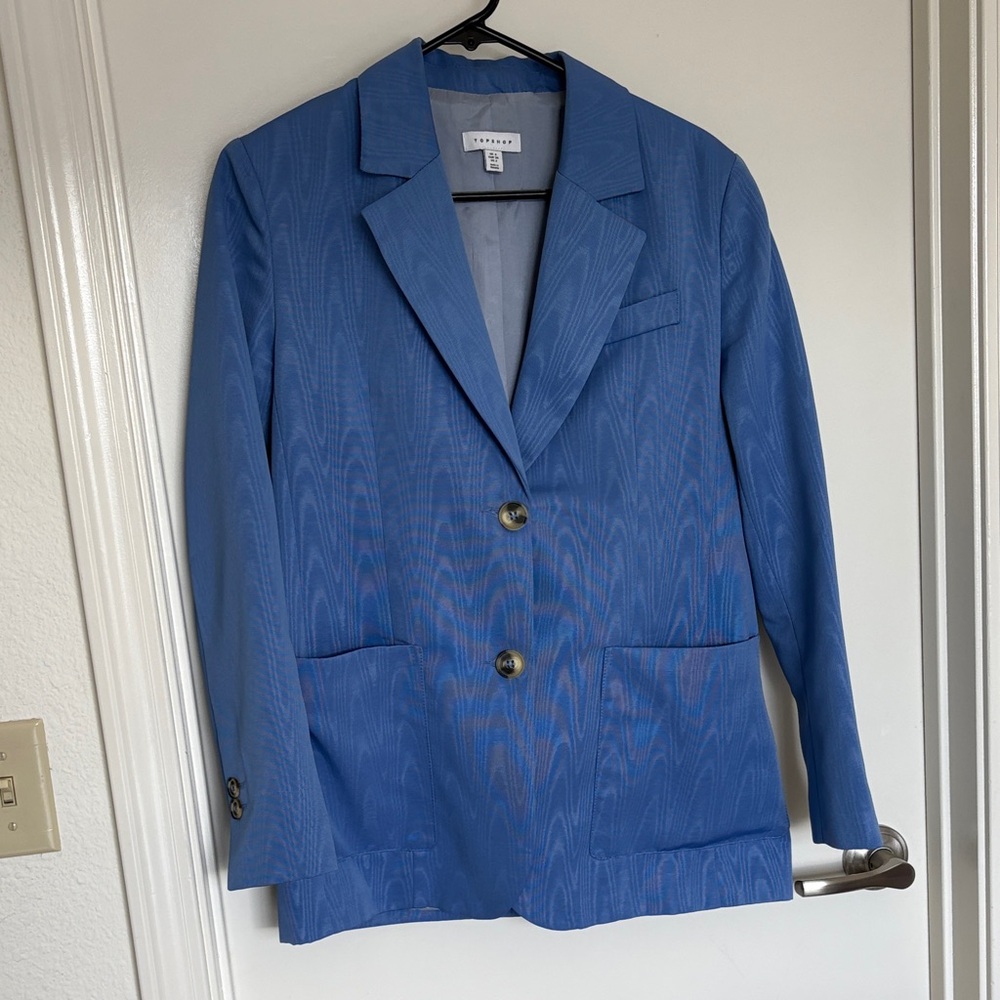 Topshop Blue Moire Grandad Oversized Blazer - Women's Size 2